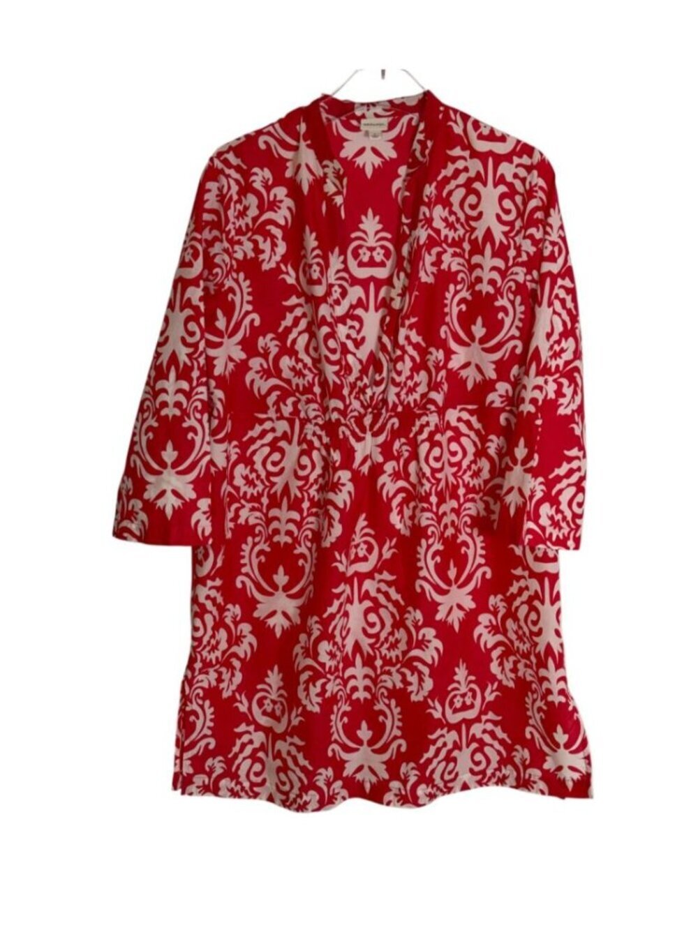 Merona Red White Damask Swim Cover Up Tunic Large 100% Cotton